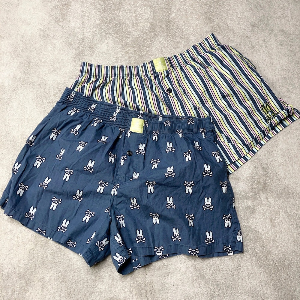Psycho Bunny Boxer Shorts 2 Pack Navy Striped Skull Logo Underwear Lot Mens XL